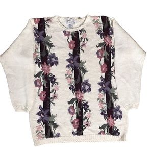 White ivory long sleeve round neck chunky hand knit oversized floral sweater